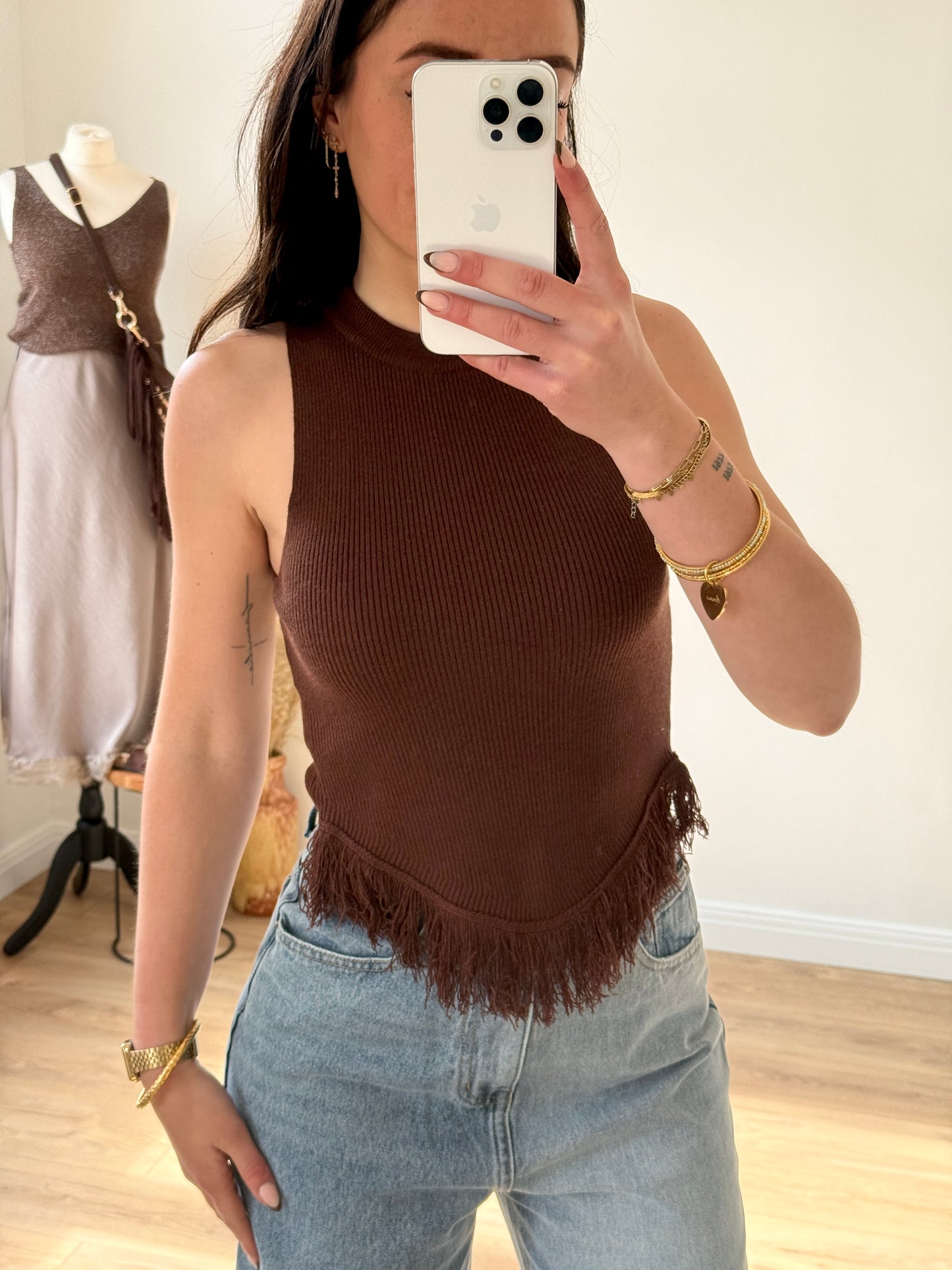 TOP MARRON À FRANGES