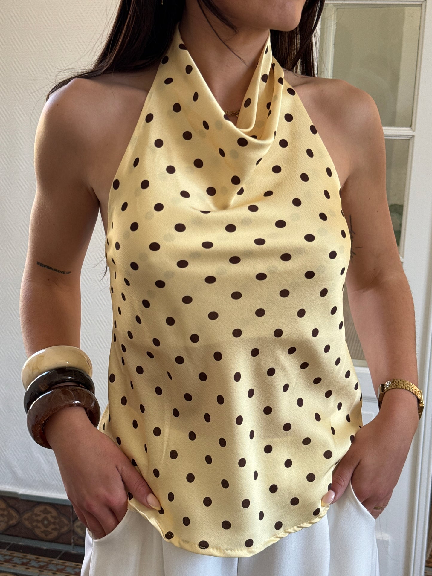 TOP DOS NU À POIS JAUNE