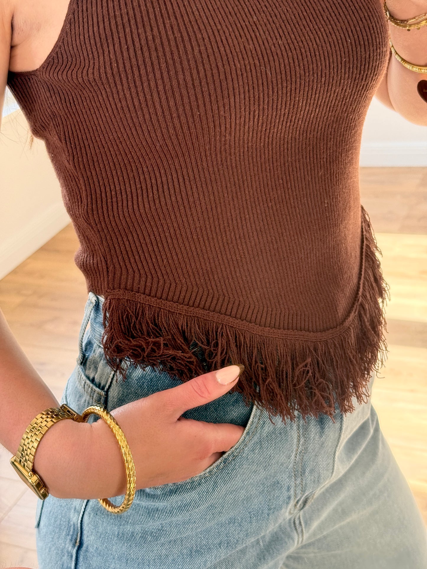 TOP MARRON À FRANGES