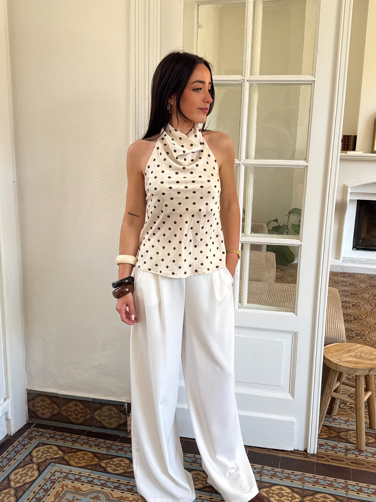TOP DOS NU À POIS BEIGE