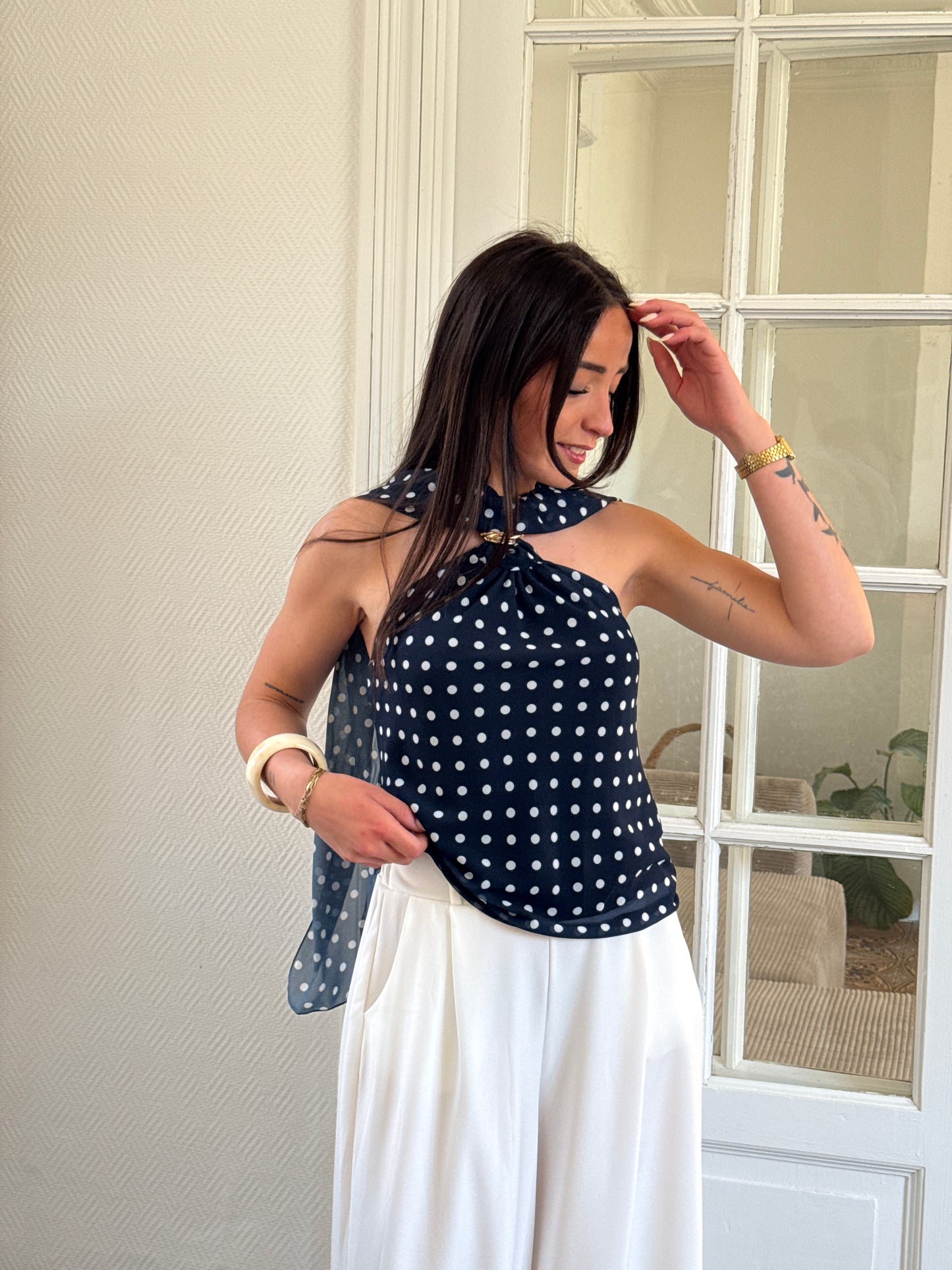 TOP BLEU À POIS