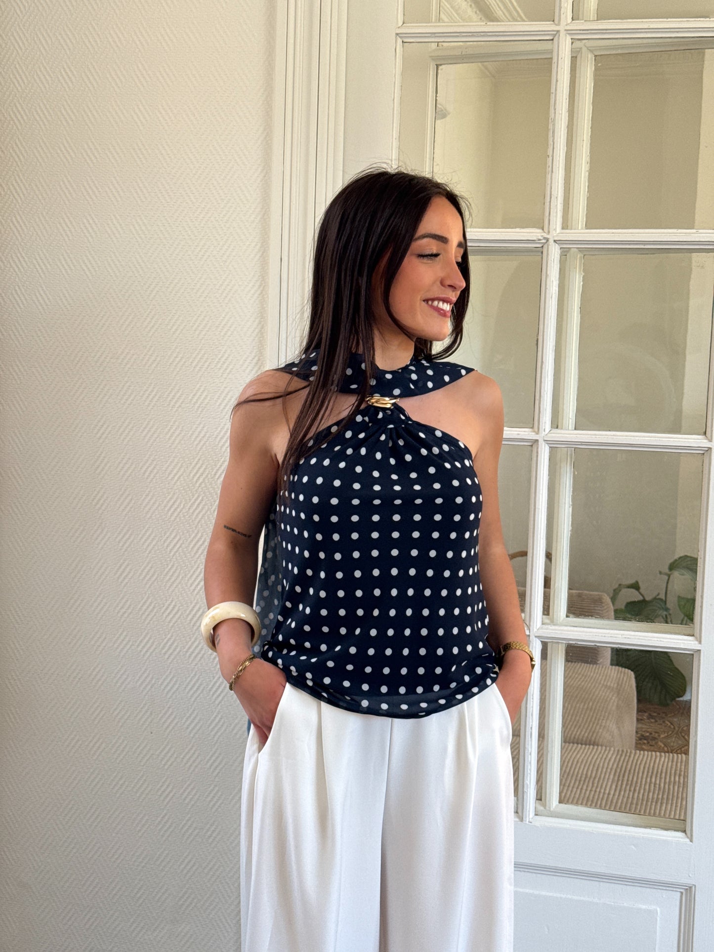 TOP BLEU À POIS